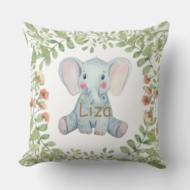 Coussin Pépinière d'éléphant aquarelle personnalisée (Recto)