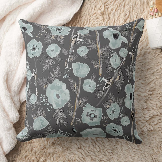 Coussin Pépites Aquarelle Floral Bleu Fleurs noires (Poppies Watercolor Floral Blue Black Flowers Throw Pillow from Jenn Steffen for Studio Posies. )