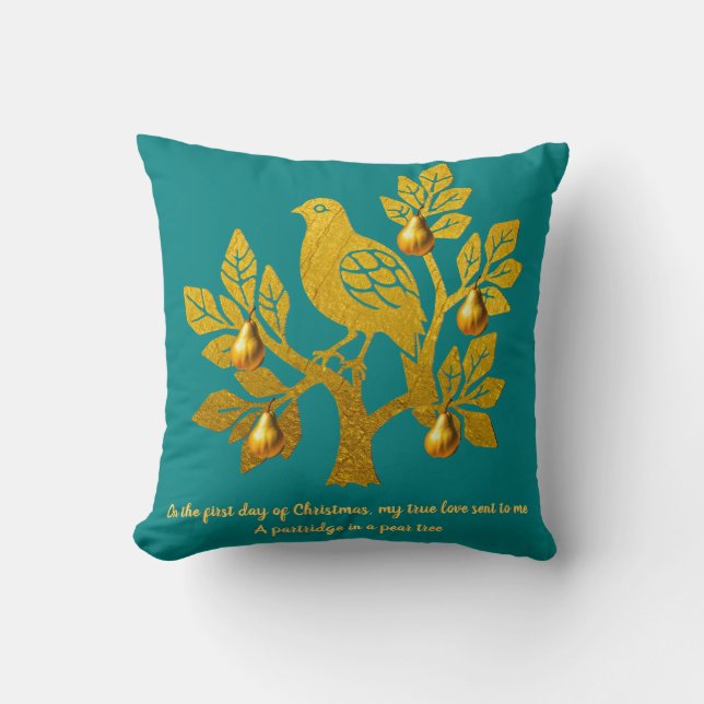 Coussin Perdrix dans un arbre poirier bleu sarcelle Joyeux (Recto)