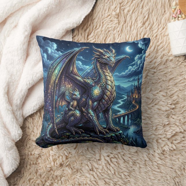 Coussin Père et fils dragons célestes éclairés par la lune (Couverture)
