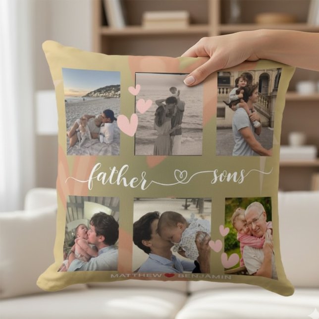 Coussin Père et Fils Elegant Script Multi Photo Sage  (Créateur téléchargé)