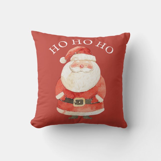Coussin Père Noël à l'aquarelle HO HO HO Noël rouge mignon (Recto)
