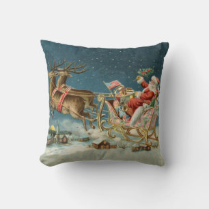 Coussin Père Noël Antique Sleigh Reindeer