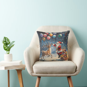 Coussin Père Noël aquarelle festive ballon coloré de renne
