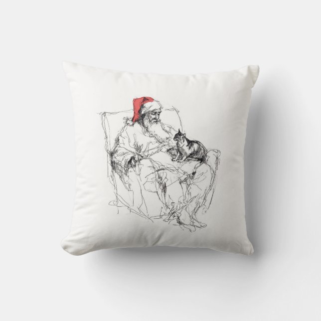 Coussin Père Noël assis avec le chat sur le genou (Recto)
