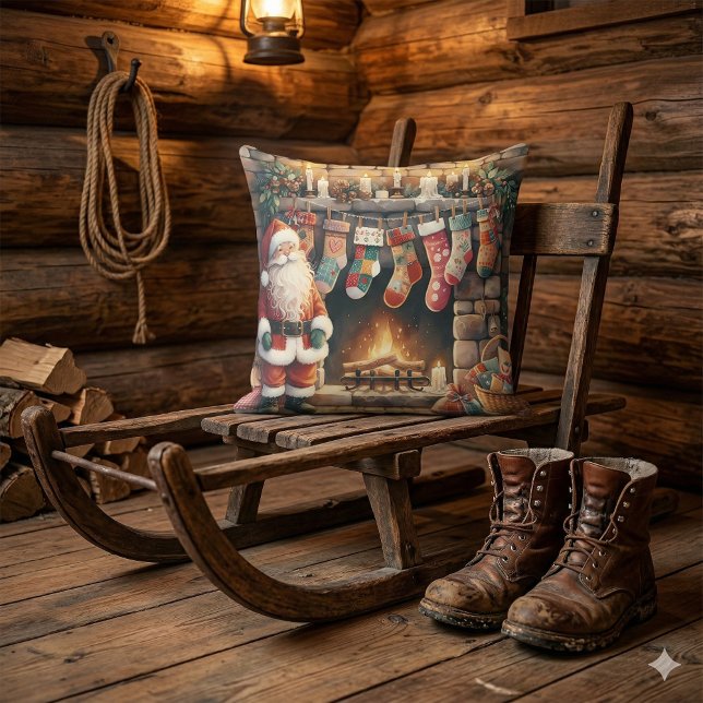 Coussin Père Noël au bord de la cheminée Chaussettes de No (Santa by Fireplace Christmas Stockings Throw Pillow Mockup C)