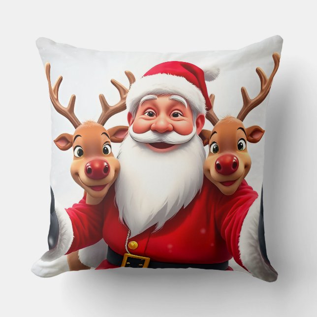 Coussin Père Noël avec rennes célébrant Noël (Recto)