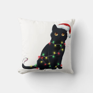Coussin Père Noël Chat Noir Tangé Dans La Lumière De L'Arb