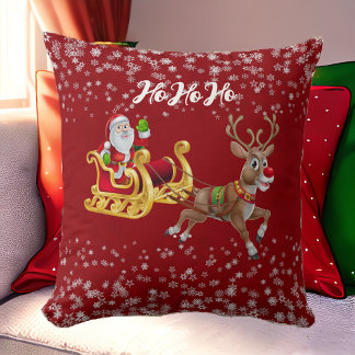 Coussin Père Noël Christmas Reindeer Sleigh Snowflake Red 