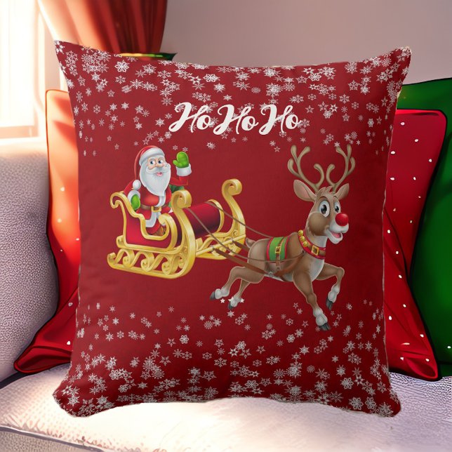 Coussin Père Noël Christmas Reindeer Sleigh Snowflake Red  (Santa Christmas Reindeer Sleigh Snowflake Red Baby Throw Pillow)