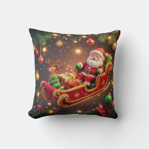 Coussin Père Noël conduisant un traîneau avec un renne