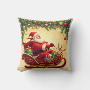 Coussin Père Noël conduisant un traîneau avec un renne