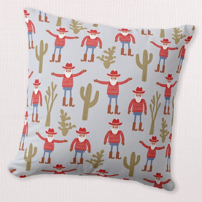 Coussin Père Noël Cowboy Noël Occidental Bleu (Fun Cowboy Santa Claus pattern Western Christmas Holiday throw pillow)