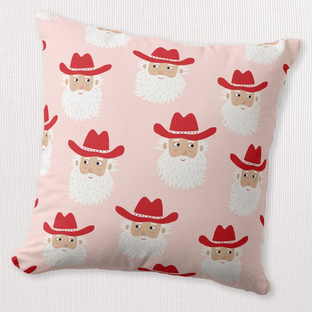 Coussin Père Noël Cowboy Noël Occidental Rose (Fun Cowboy Santa Claus Western Holidays Christmas throw pillow)