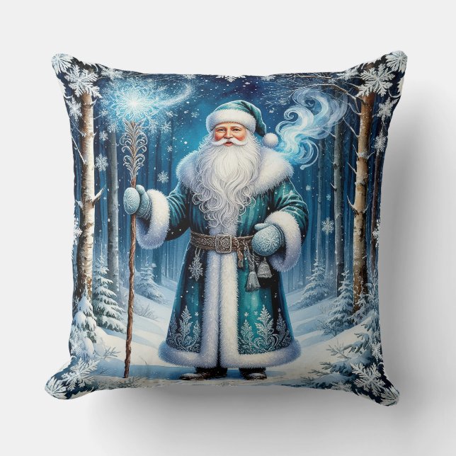 Coussin Père Noël dans une forêt enneigée magique (Recto)