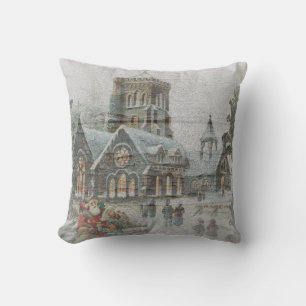 Coussin Père Noël d'autrefois avec des enfants devant une