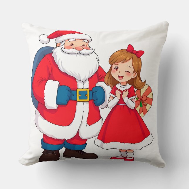 Coussin Père Noël de Noël avec une fille heureuse (Recto)