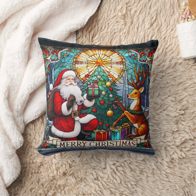 Coussin Père Noël donne de la joie à un renne par un arbre (Couverture)