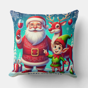 Coussin Père Noël, Elfe et Renne dans un Noël Festif