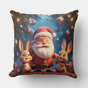 Coussin Père Noël et deux lapins joyeux