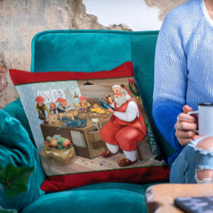 Coussin Père Noël Et Elfes Fabriquent Des Jouets   Noël