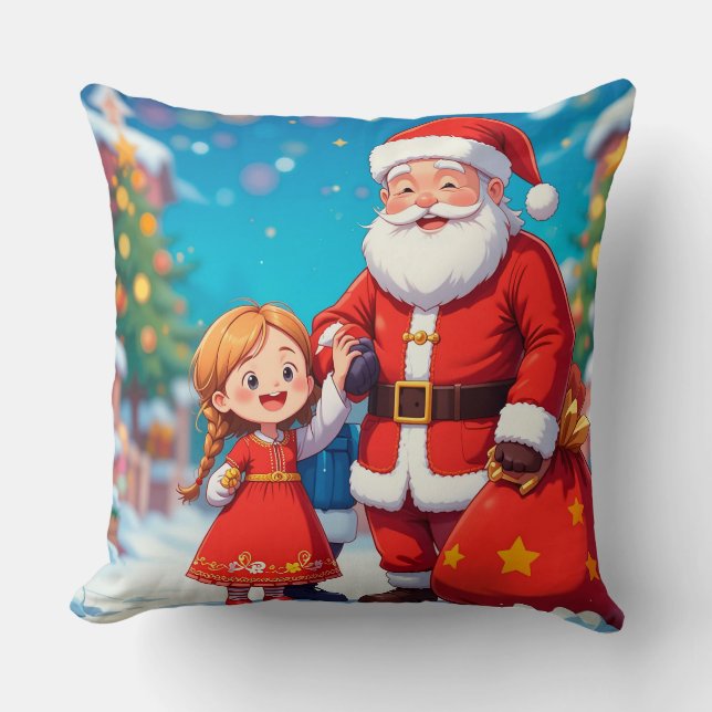 Coussin Père Noël et fille avec un sac de cadeaux (Recto)