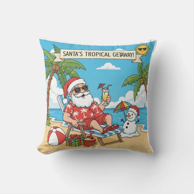 Coussin Père Noël et Snowman à la plage (Recto)