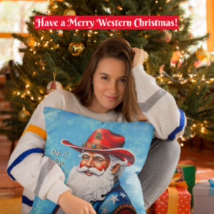 Coussin Père Noël joyeux dans un chapeau western de Noël