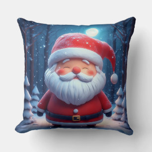Coussin Père Noël joyeux dans une forêt enneigée