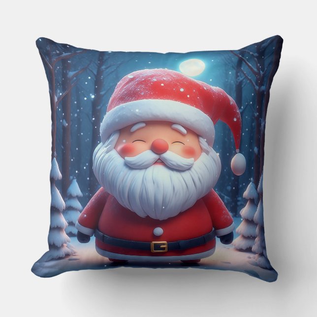 Coussin Père Noël joyeux dans une forêt enneigée (Recto)