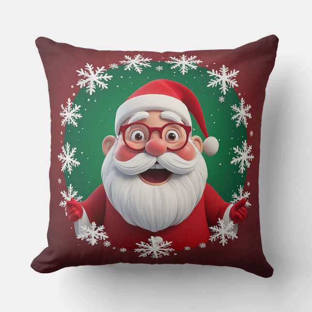 Coussin Père Noël joyeux entouré de flocons de neige (Recto)