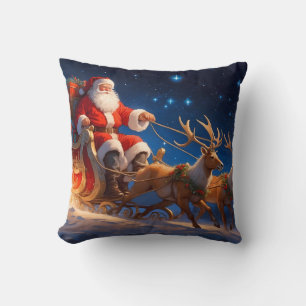 Coussin Père Noël livrant des jouets sur une pente avec re