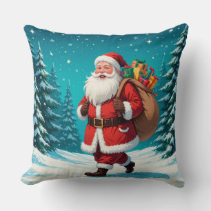 Coussin Père Noël marchant joyeusement dans un hiver ennei