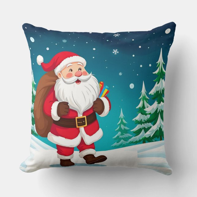 Coussin Père Noël marchant joyeusement dans un hiver ennei (Recto)