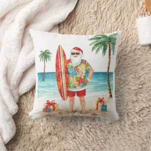 Coussin Père Noël Noël en juillet à la plage surfeur