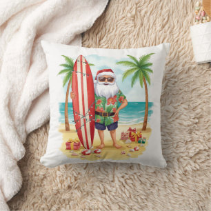 Coussin Père Noël Noël en juillet sur le surfeur de plage