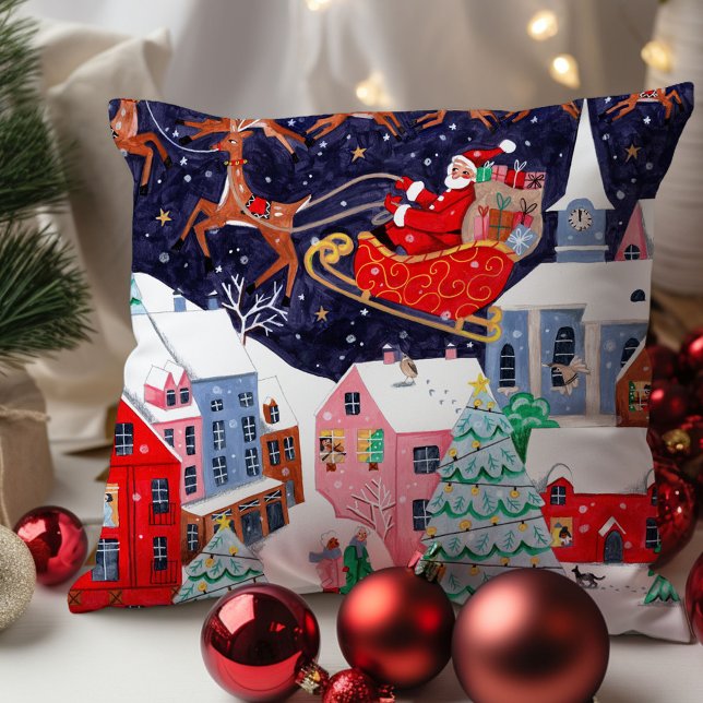 Coussin Père Noël Nuit avant Noël Village nordique (Santa Night before Christmas Nordic Village Throw Pillow
)