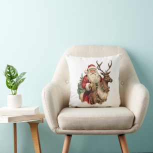 Coussin Père Noël rétro chevauchant un renne Noël