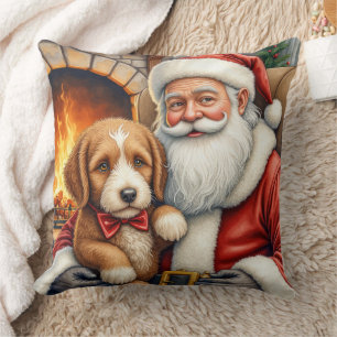 Coussin Père Noël tenant l'art de Noël de Bernedoodle