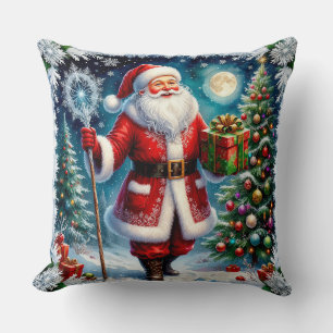 Coussin Père Noël tenant un cadeau dans un Noël magique