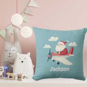 Coussin Père Noël Vintage Avion Nuages Garçon Noël Personn