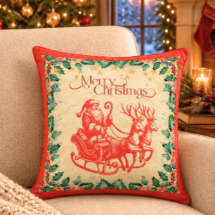 Coussin Père Noël vintage dans un traîneau sur fond rouge