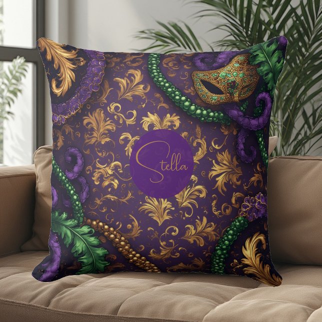 Coussin Perle de luxe Mardi Gras Carnaval Fleur-de-Lis en  (Luxury Mardi Gras Carnival Gold Fleur-de-Lis Bead Throw Pillow)