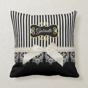 Coussin Perles et dentelle Black Stripes Crème Bow Gold No