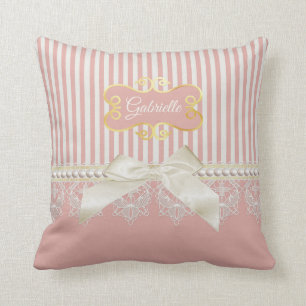 Coussin Perles et dentelles Pink Stripes Crème Bow and Nam