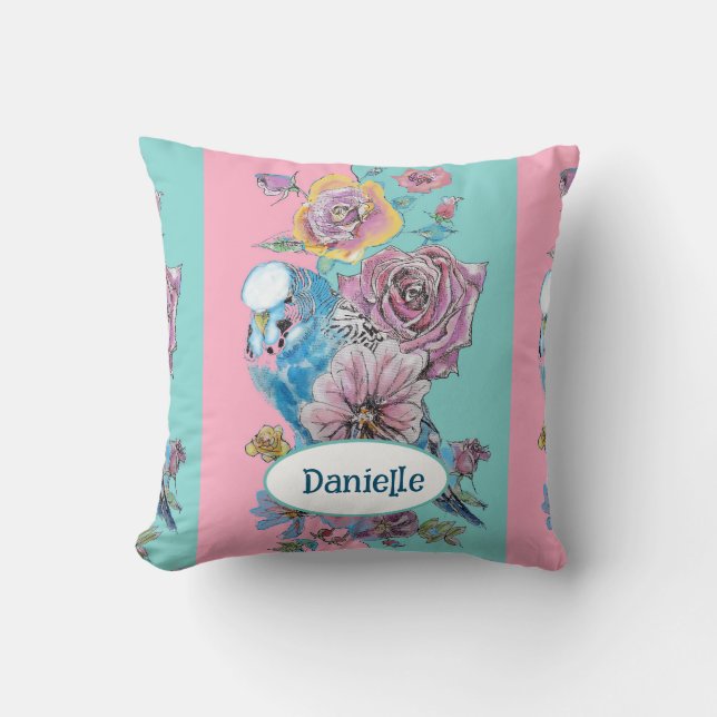 Coussin Perroquet Bleu Oiseau Rose Florale Rose Aqua Nom d (Recto)