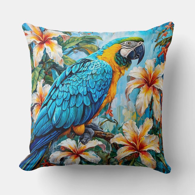 Coussin Perroquet Cacatoès avec Oiseau Tropical de Jardin  (Recto)