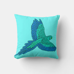 Coussin Perroquet en vol, Aqua et Bleu Cobalt