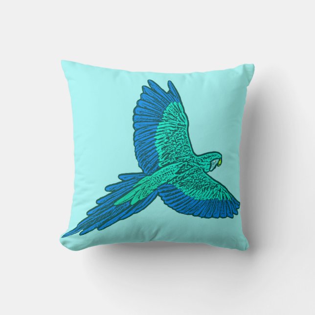 Coussin Perroquet en vol, Aqua et Bleu Cobalt (Recto)