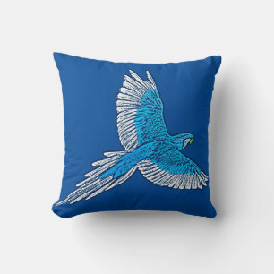 Coussin Perroquet en vol, bleu et blanc de cobalt